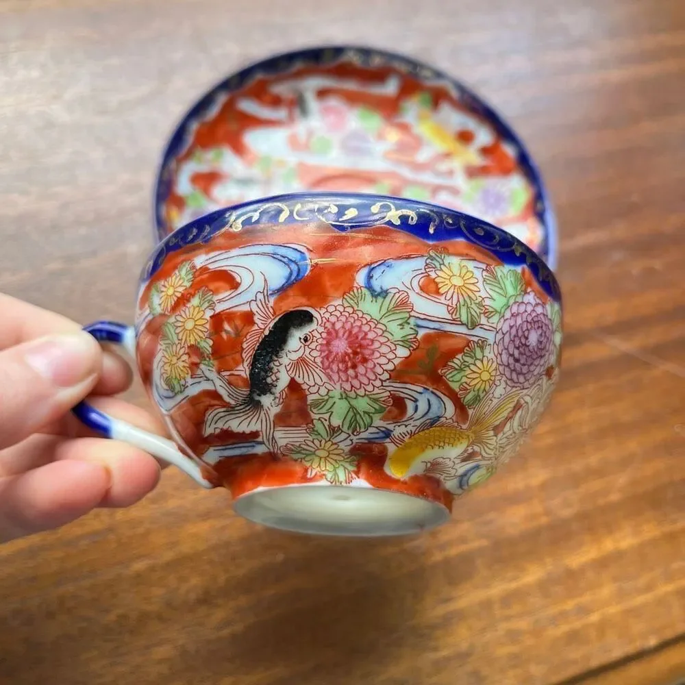 VTG Japanese Koi Fish Teacup & Saucer Set Red Floral Cobalt Rim Porcelain